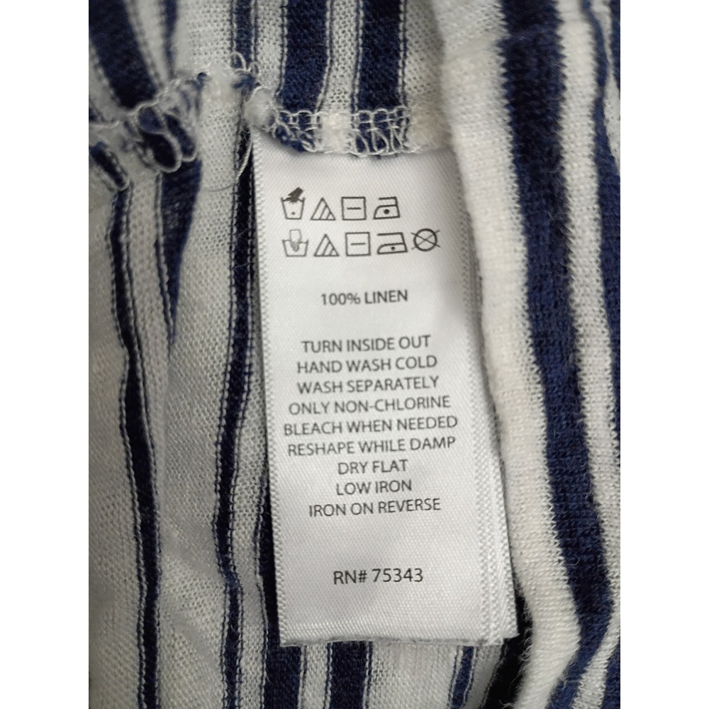 Tahari Women XL Blue White Striped 100% Linen Hoodie V-Neck Tassel Drawstring - Picture 5 of 7